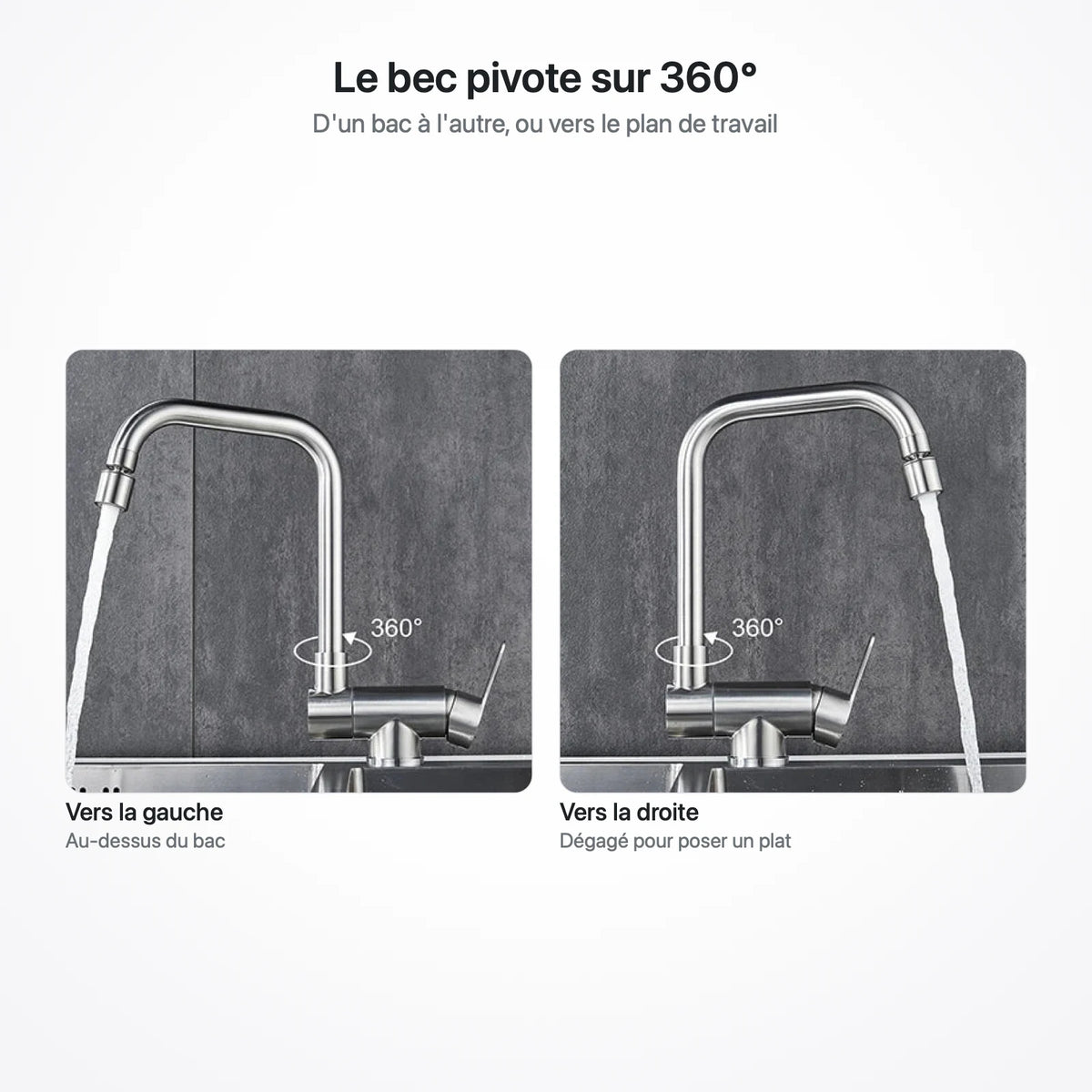 Le bec du robinet orienté vers la gauche puis vers la droite pour illustrer la rotation à 360°