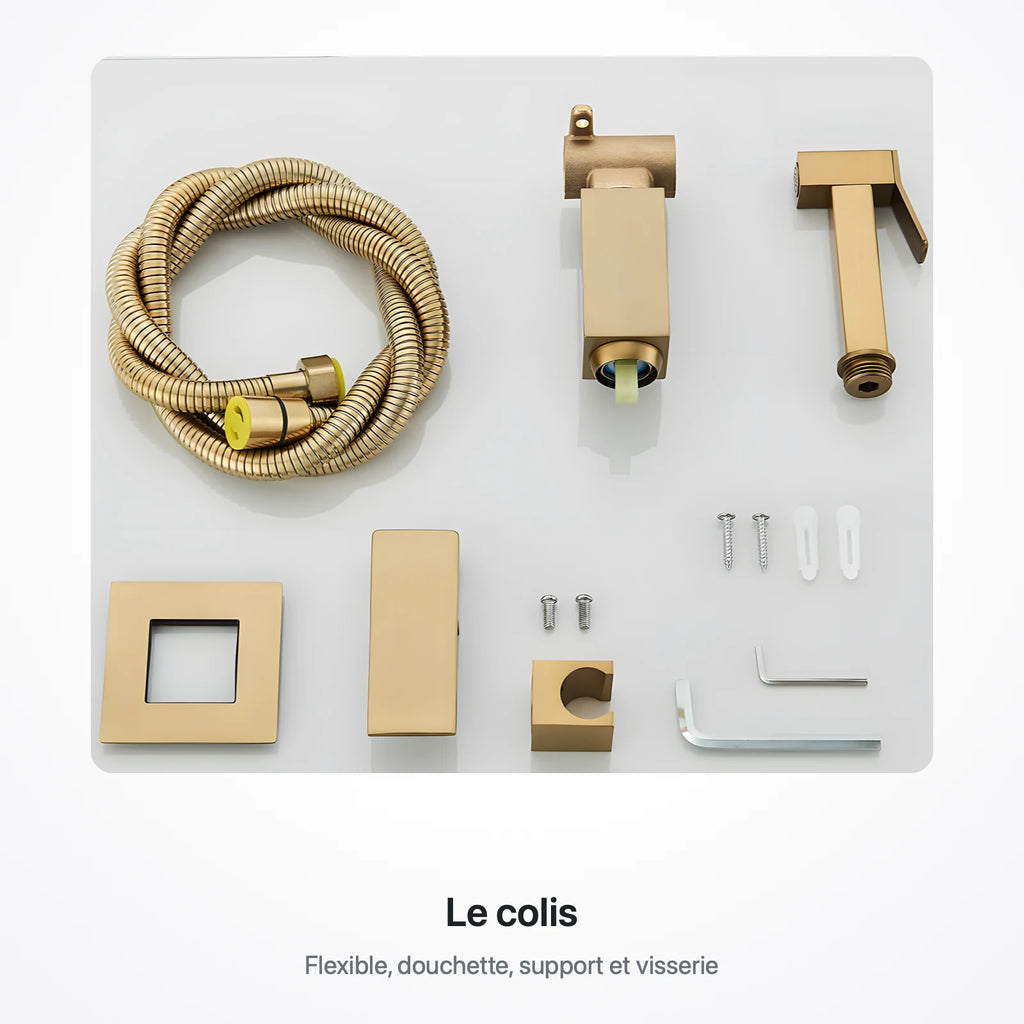 Pièces du robinet pour douchette WC posées à plat : flexible métallique, corps du mitigeur, douchette, rosace, levier, support, vis, chevilles et clés