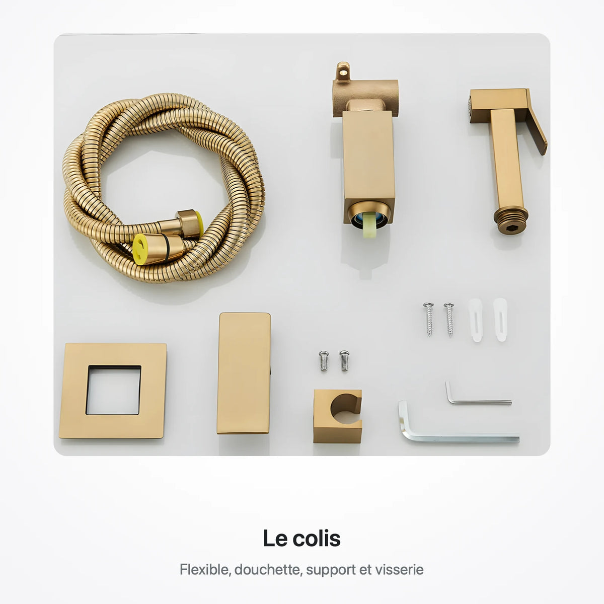 Pièces du robinet pour douchette WC posées à plat : flexible métallique, corps du mitigeur, douchette, rosace, levier, support, vis, chevilles et clés