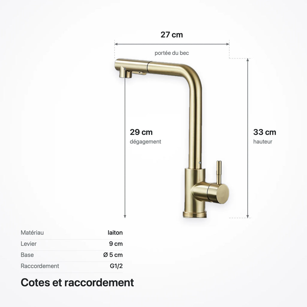 Schéma coté du robinet : hauteur 33 cm, portée du bec 27 cm, dégagement 29 cm, base Ø 5 cm