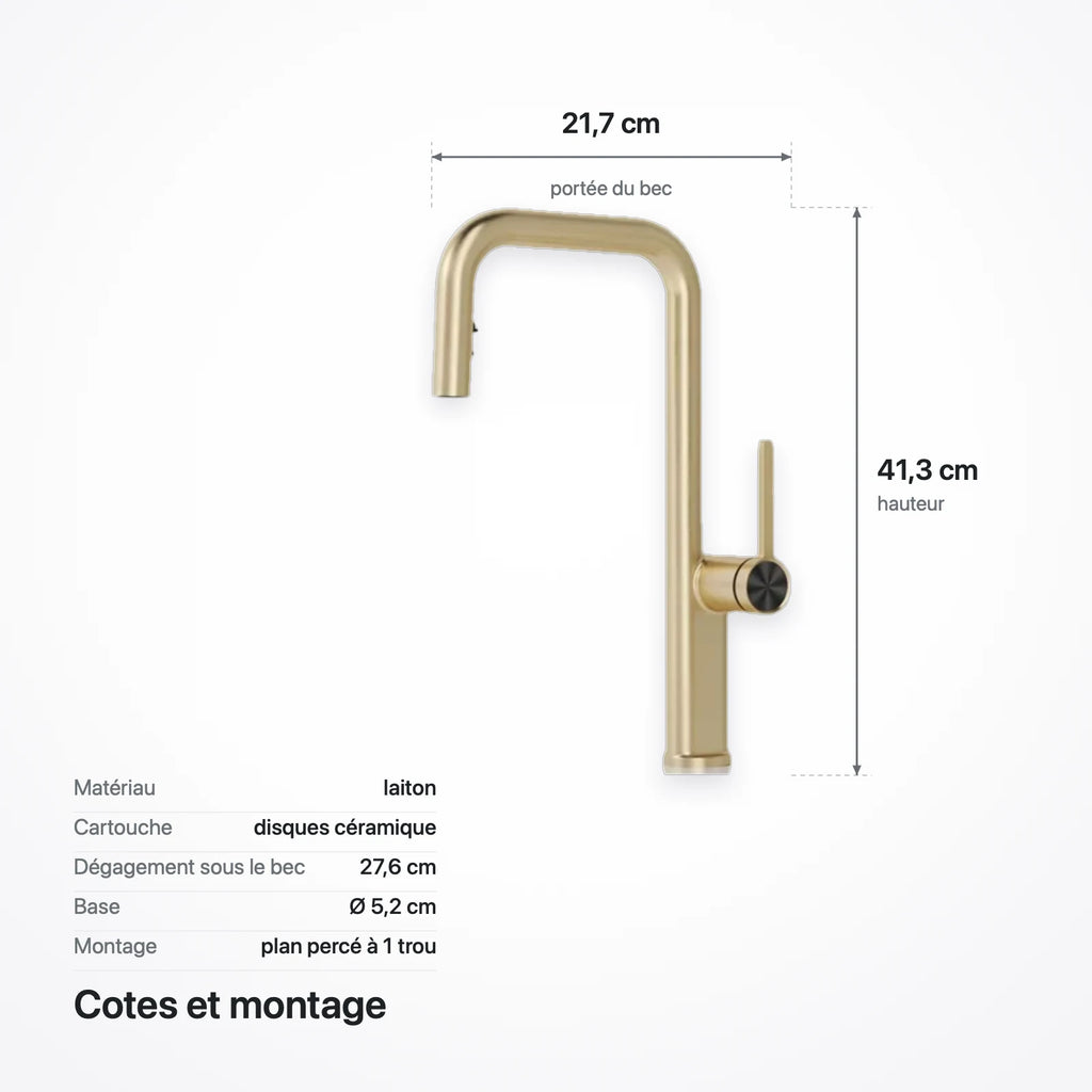 Schéma coté du robinet : 21,7 cm de portée, 41,3 cm de hauteur, 27,6 cm de dégagement sous le bec