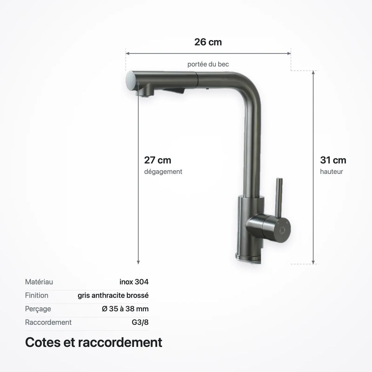 Schéma coté du robinet : 26 cm de portée, 31 cm de hauteur, 27 cm de dégagement