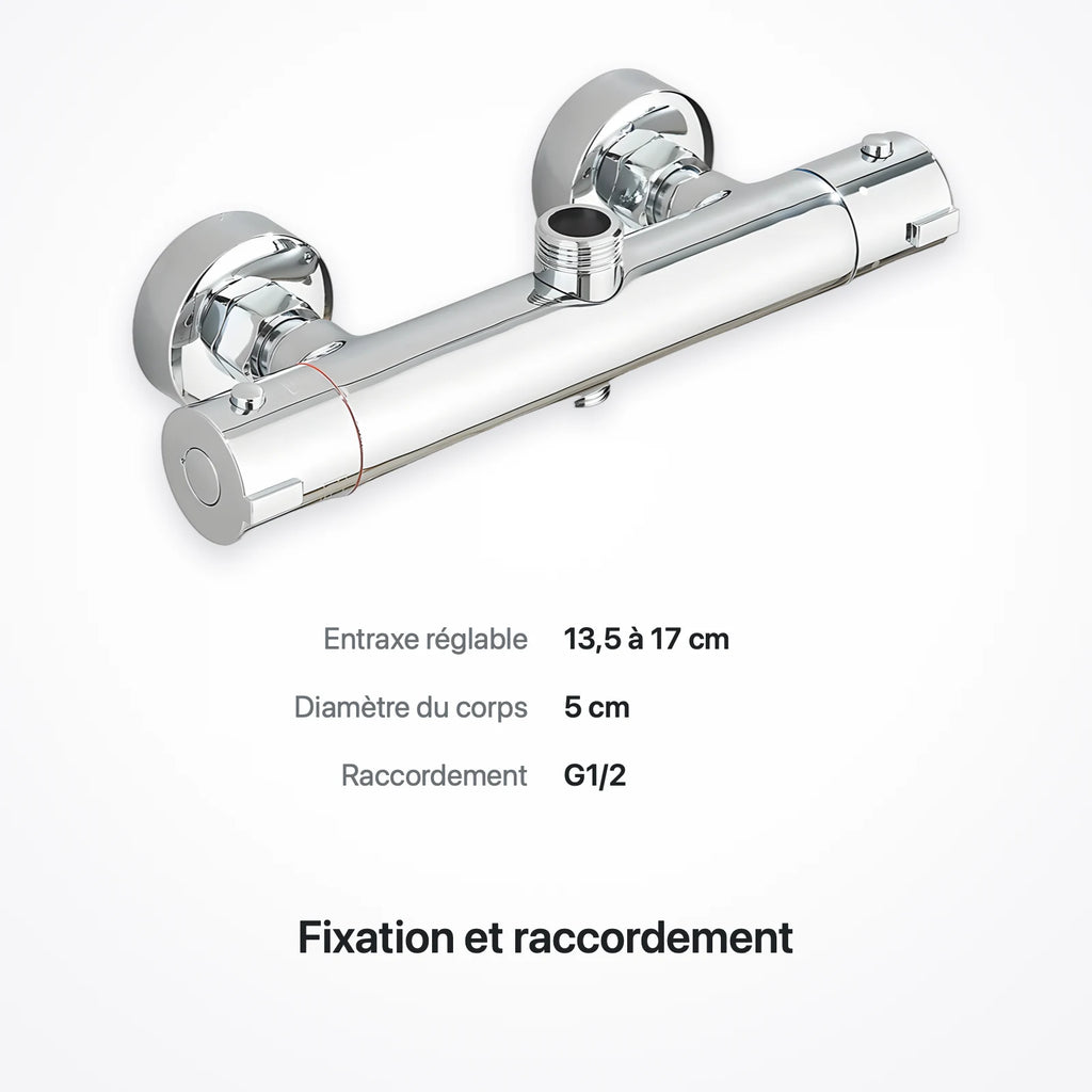 Cotes du mitigeur thermostatique mural chromé : entraxe réglable de 13,5 à 17 cm, corps de 5 cm de diamètre, raccordement G1/2