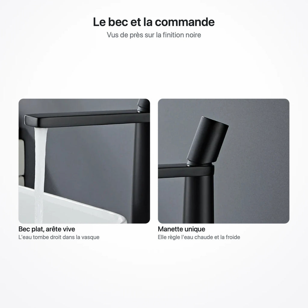Deux gros plans du robinet noir mat : le bec plat en écoulement et la manette inclinée sur le dessus