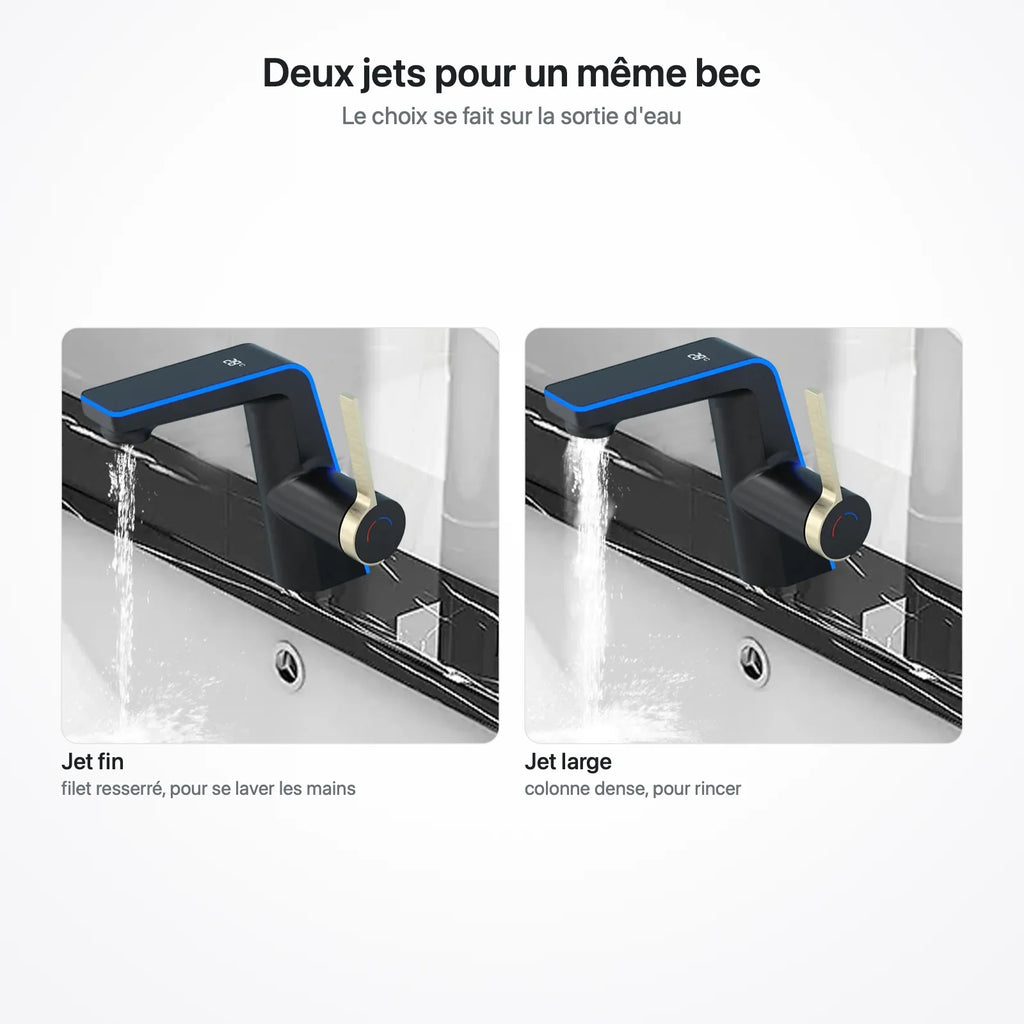 Les deux jets du même bec : filet fin à gauche, colonne d'eau large et dense à droite
