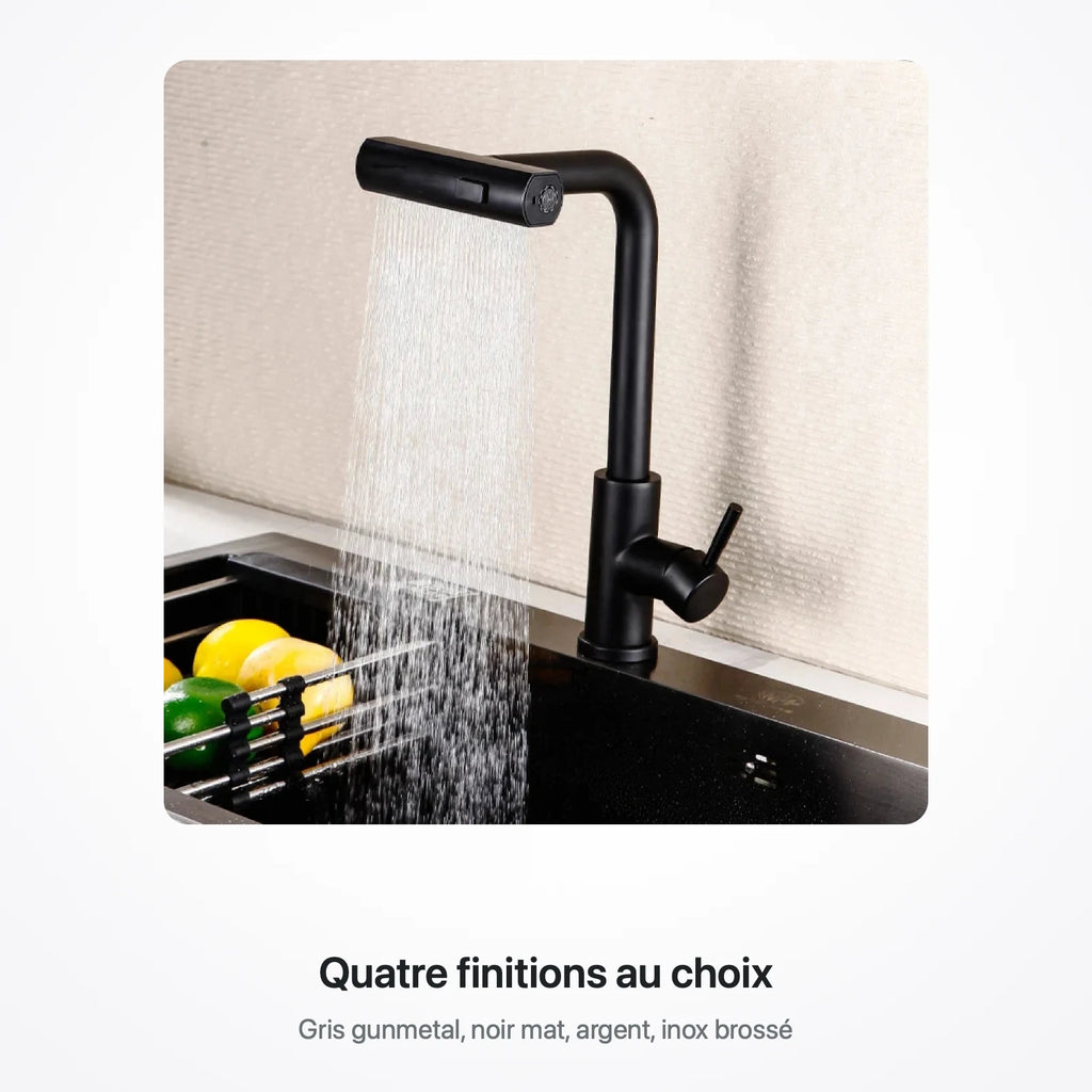 Robinet de cuisine en finition noir mat, cascade en marche au-dessus d'un évier