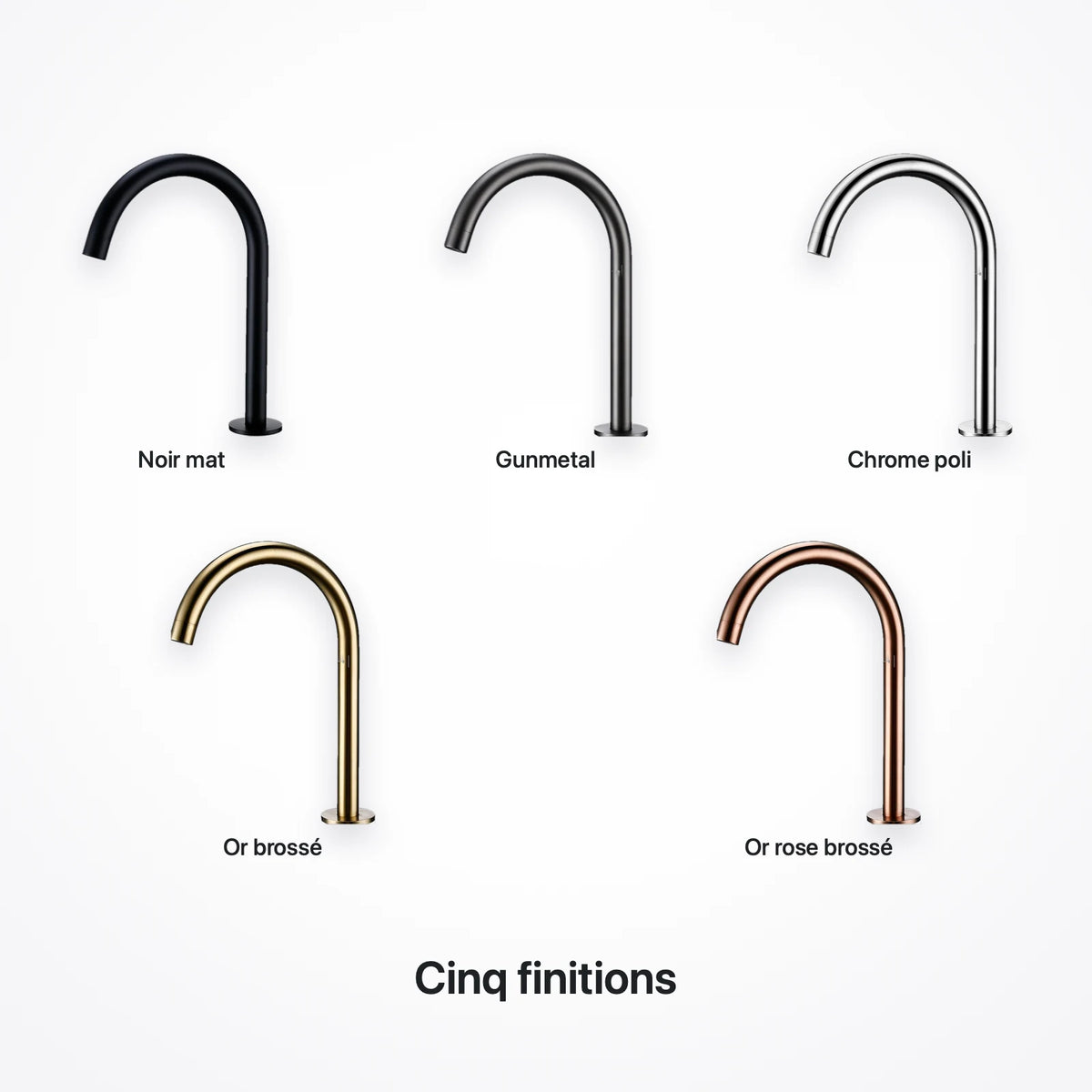 Les cinq finitions du bec : noir mat, gunmetal, chrome poli, or brossé et or rose brossé