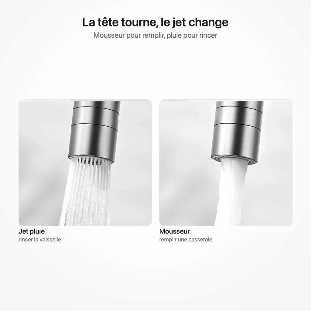 Les deux jets du robinet : jet pluie pour rincer la vaisselle, mousseur pour remplir une casserole