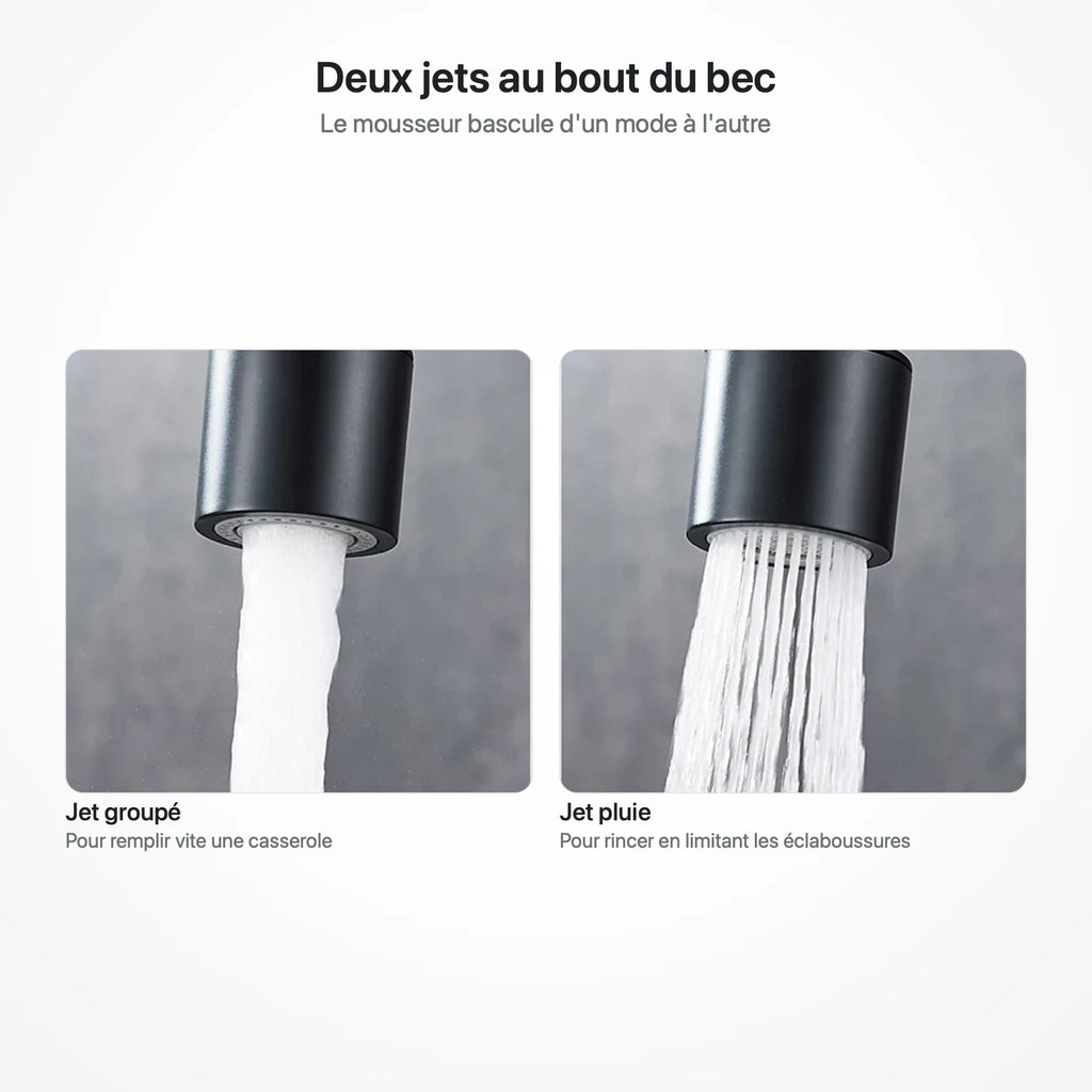 Les deux jets du robinet : jet groupé pour remplir, jet pluie pour rincer