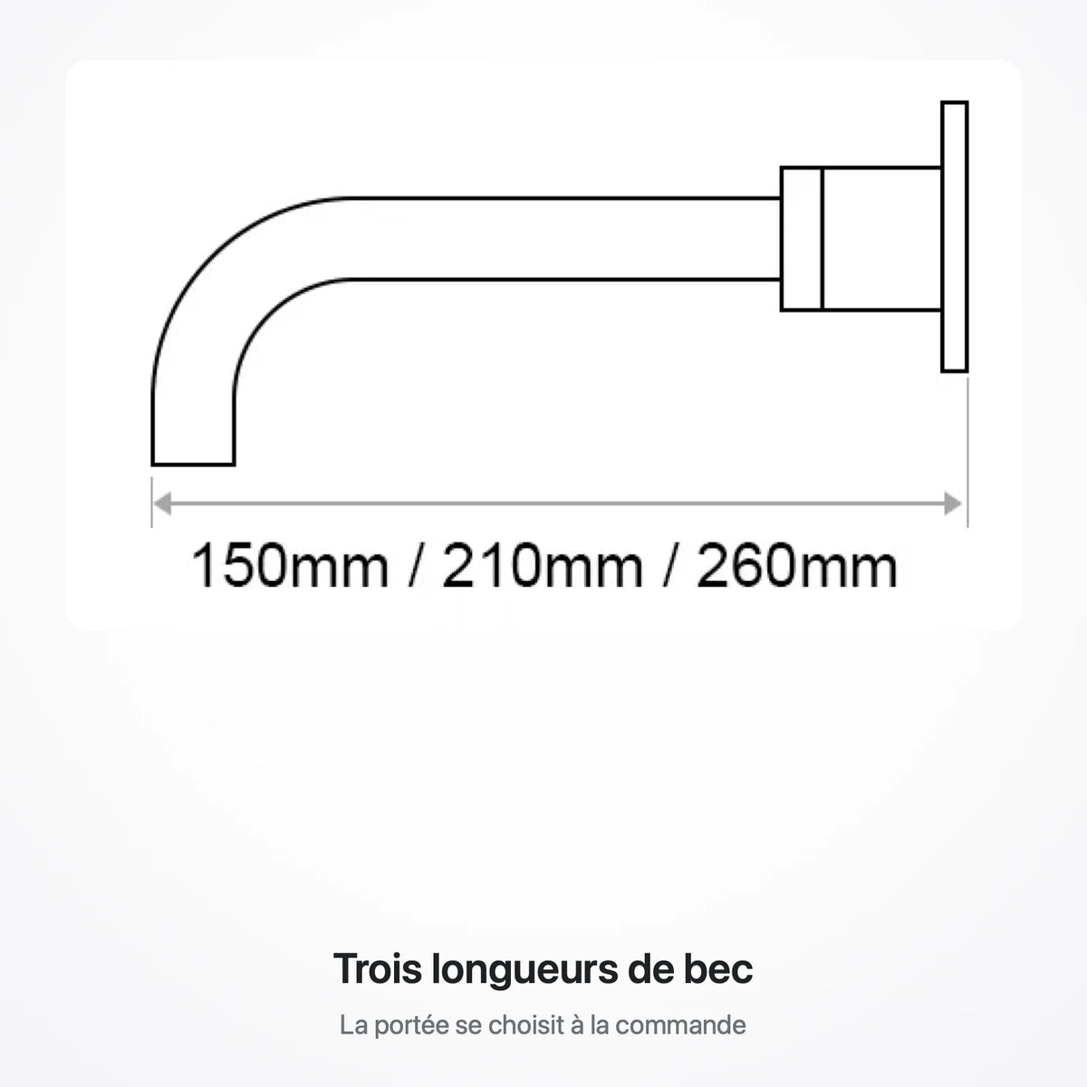 Schéma de profil du bec mural coté 150, 210 ou 260 mm de portée