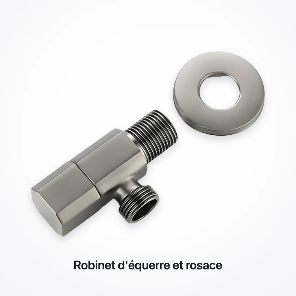 Robinet d'équerre gris et sa rosace murale, sorties filetées