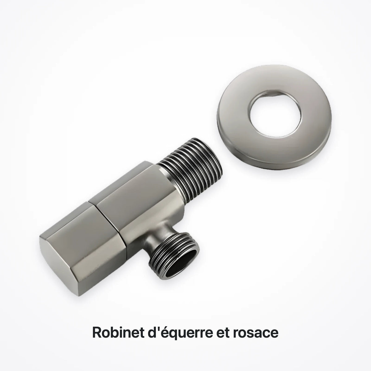 Robinet d'équerre gris et sa rosace murale, sorties filetées