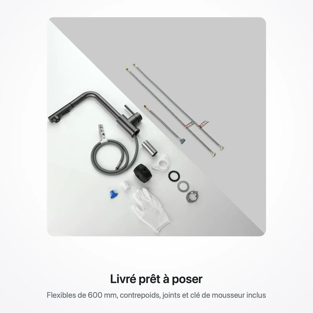 Contenu de la boîte : robinet, flexibles, contrepoids, joints et clé de mousseur