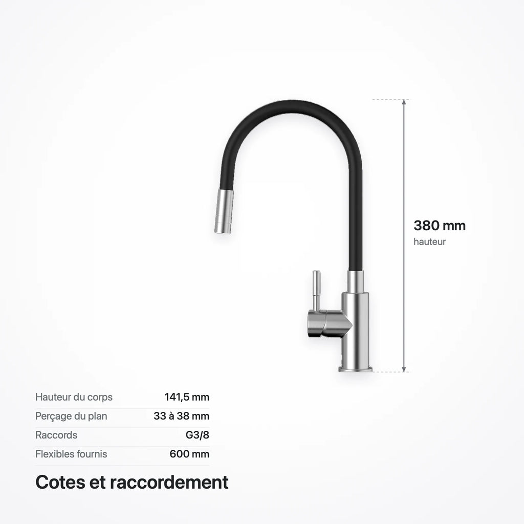 Schéma coté du robinet : hauteur 380 mm, corps 141,5 mm, perçage de 33 à 38 mm, raccords G3/8, flexibles de 600 mm
