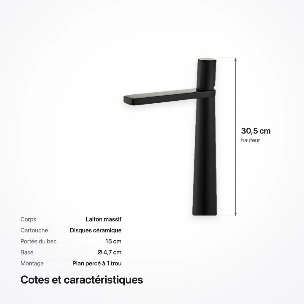 Schéma coté du robinet de lavabo noir mat : 30,5 cm de haut, bec de 15 cm de portée, base de 4,7 cm
