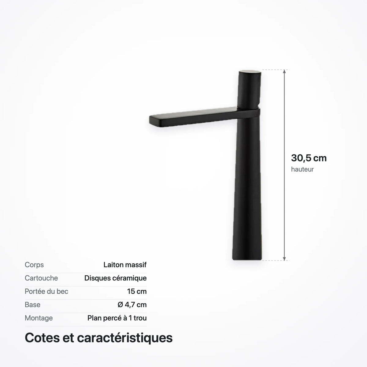 Schéma coté du robinet de lavabo noir mat : 30,5 cm de haut, bec de 15 cm de portée, base de 4,7 cm