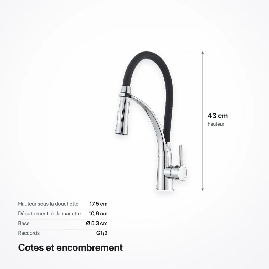 Schéma coté du robinet : hauteur 43 cm, 17,5 cm sous la douchette, base de 5,3 cm de diamètre, raccords G1/2