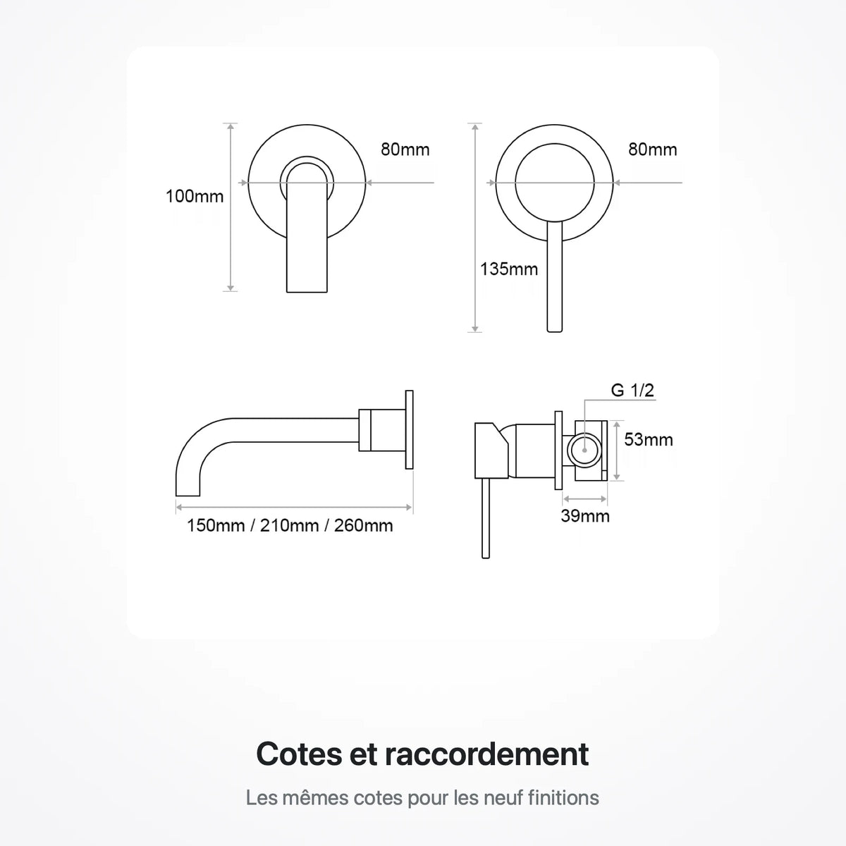 Plan coté du robinet mural : platine de 80 mm, hauteur de manette 135 mm, encombrement hors mur 39 mm, raccordement G 1/2