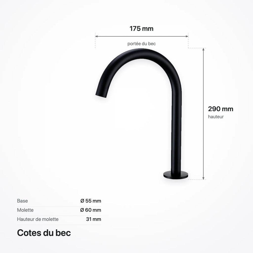 Schéma coté du bec : 290 mm de haut, 175 mm de projection, base de 55 mm, molette de 60 x 31 mm