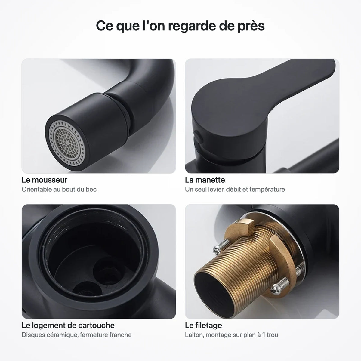Quatre gros plans du robinet : mousseur orientable, manette, logement de cartouche et filetage en laiton