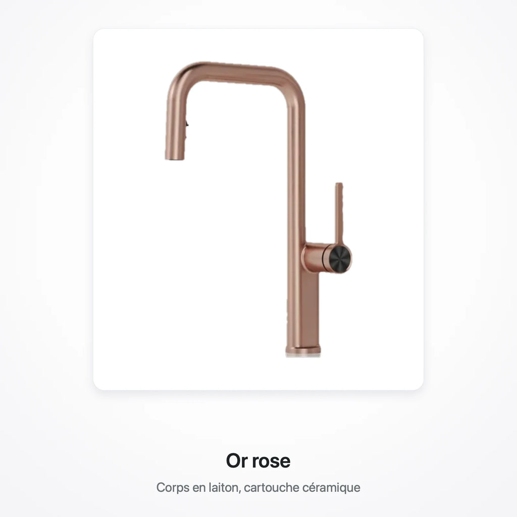 Robinet de cuisine finition or rose, présenté sur une carte blanche, avec la mention « Or rose »
