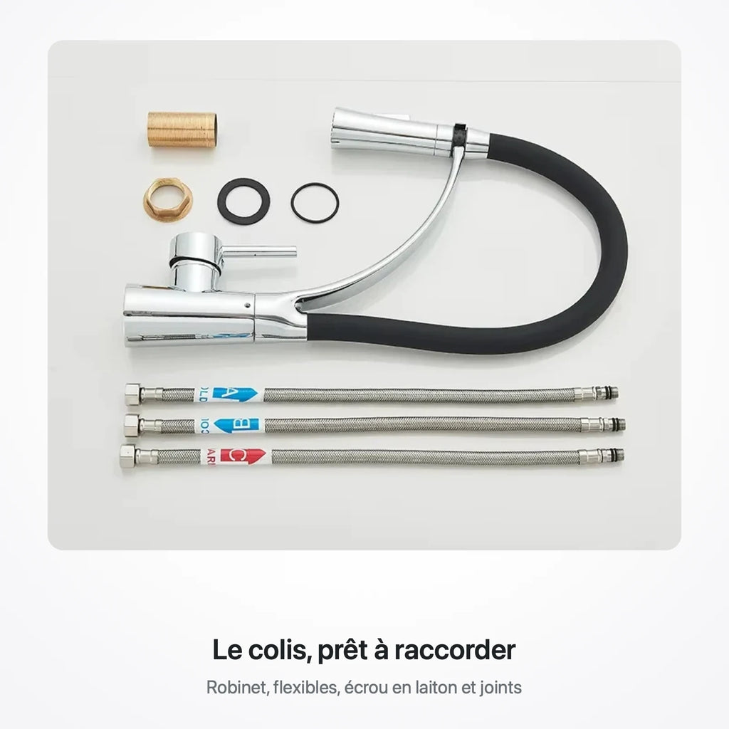 Contenu du colis : robinet monté, trois flexibles tressés, écrou en laiton et joints