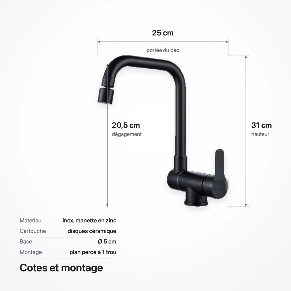 Schéma coté du robinet : 25 cm de portée, 31 cm de hauteur, 20,5 cm de dégagement, base Ø 5 cm