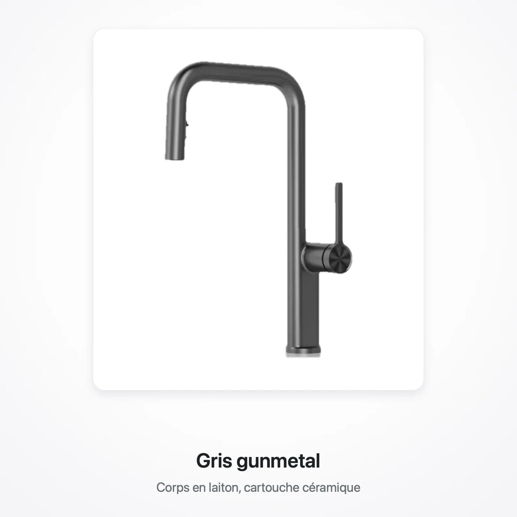 Robinet de cuisine finition gris gunmetal, présenté sur une carte blanche, avec la mention « Gris gunmetal »