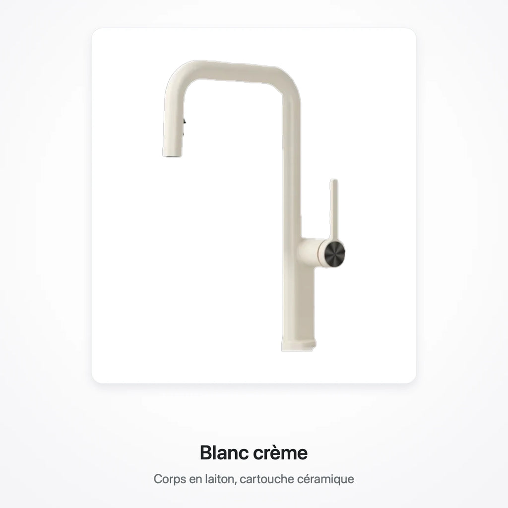 Robinet de cuisine finition blanc crème, présenté sur une carte blanche, avec la mention « Blanc crème »