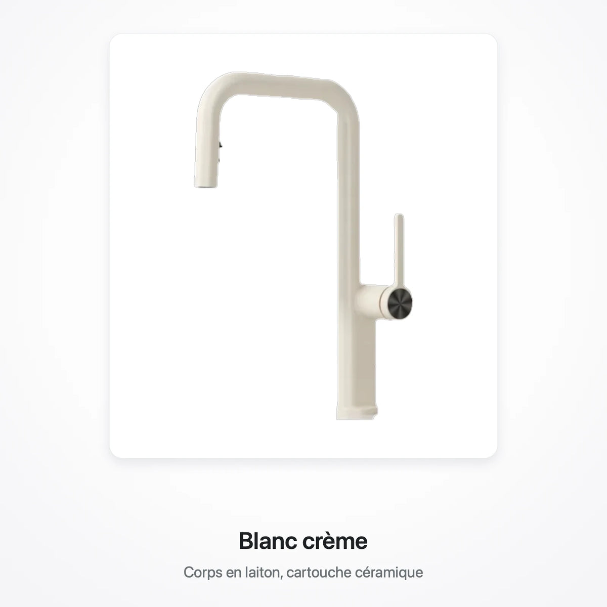 Robinet de cuisine finition blanc crème, présenté sur une carte blanche, avec la mention « Blanc crème »