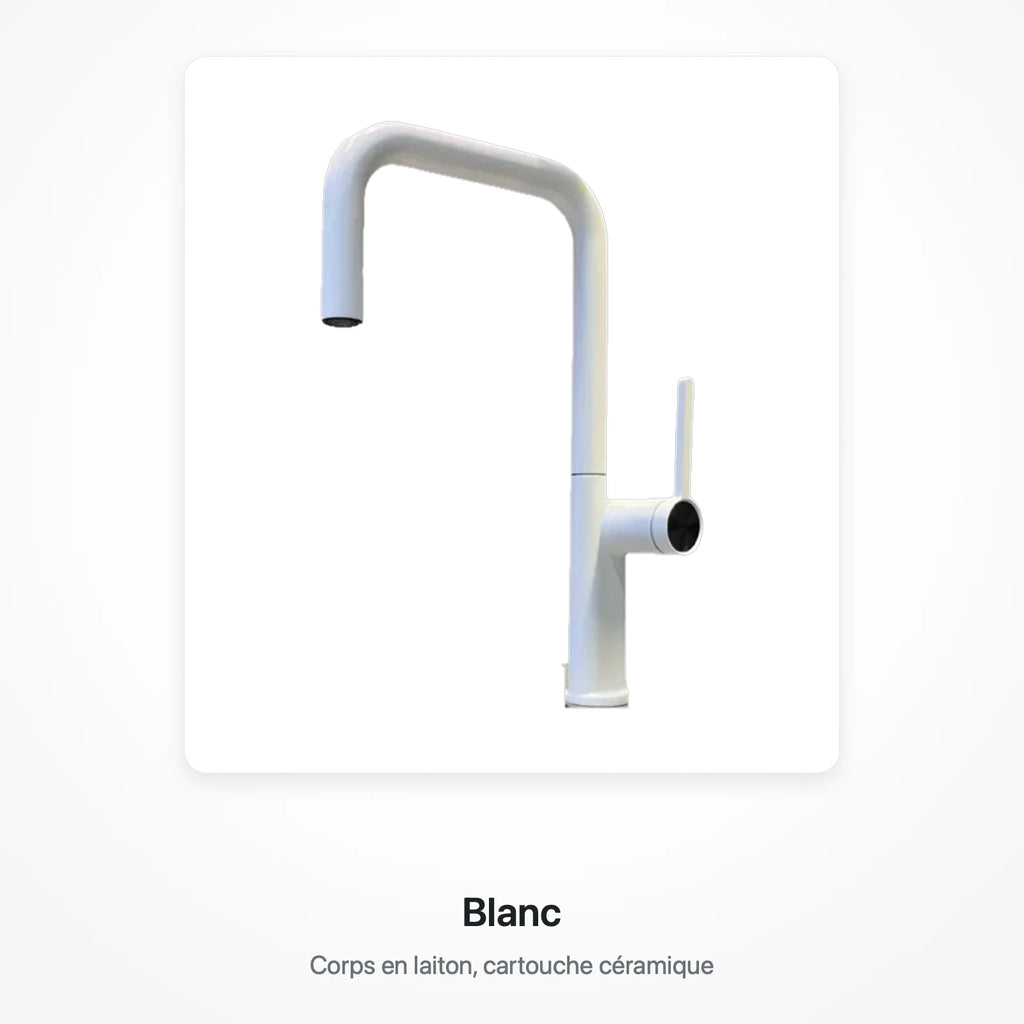 Robinet de cuisine finition blanche, présenté sur une carte blanche, avec la mention « Blanc »