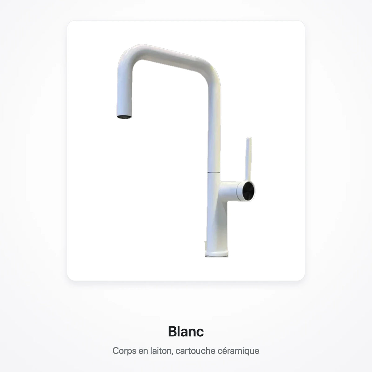 Robinet de cuisine finition blanche, présenté sur une carte blanche, avec la mention « Blanc »