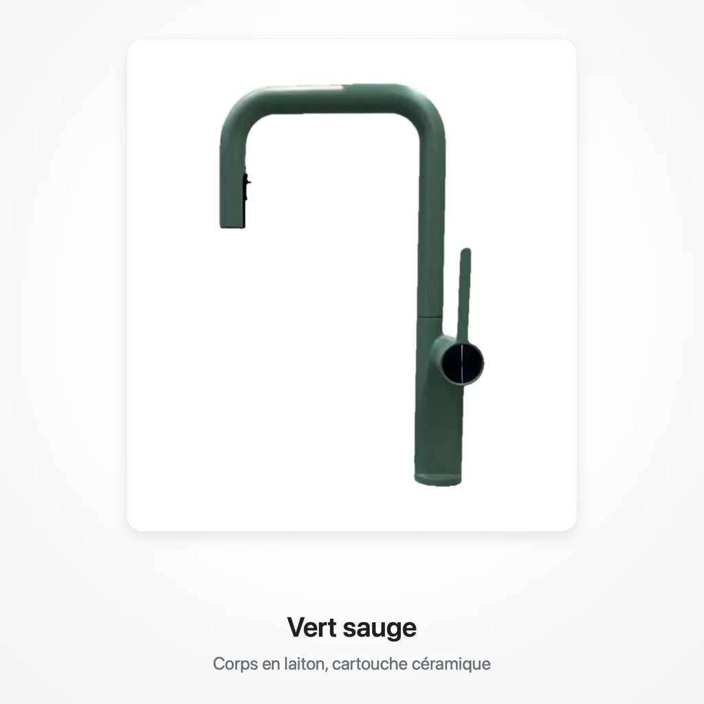 Robinet de cuisine finition vert sauge, présenté sur une carte blanche, avec la mention « Vert sauge »