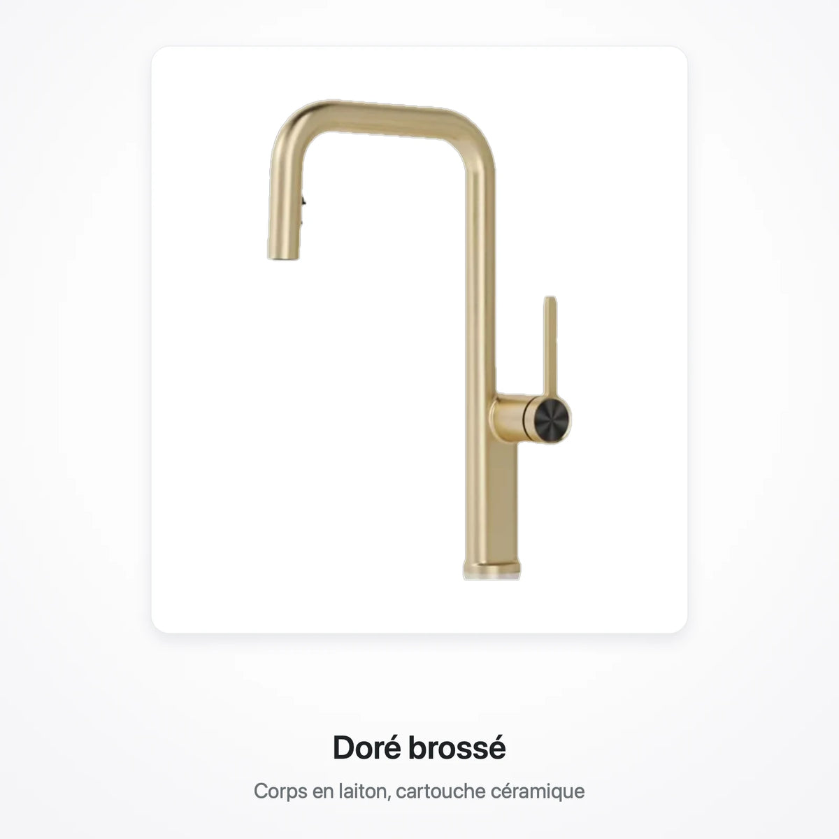 Robinet de cuisine finition doré brossé, présenté sur une carte blanche, avec la mention « Doré brossé »