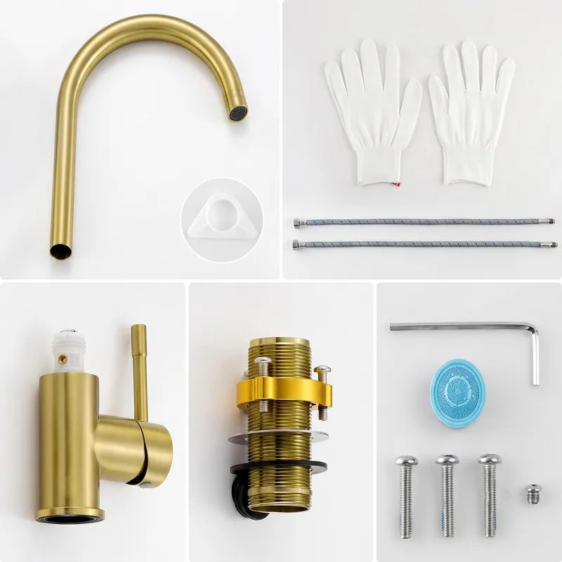 Contenu du colis : robinet or brossé, flexibles tressés, joints, gants, clé de montage et visserie