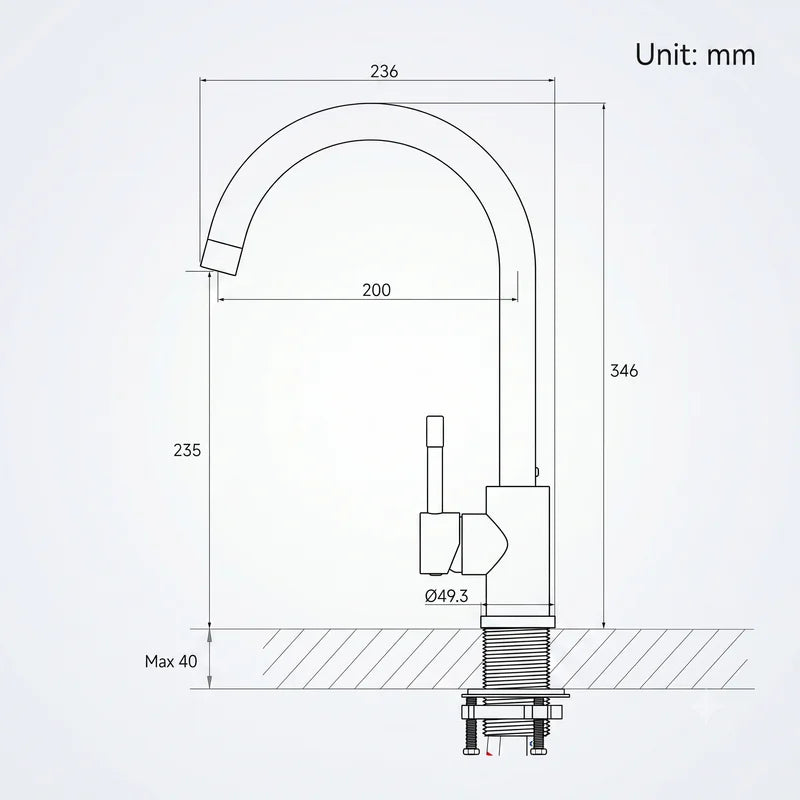 Schéma coté du robinet or brossé : hauteur 346 mm, portée 200 mm, dégagement 235 mm, base Ø 49,3 mm