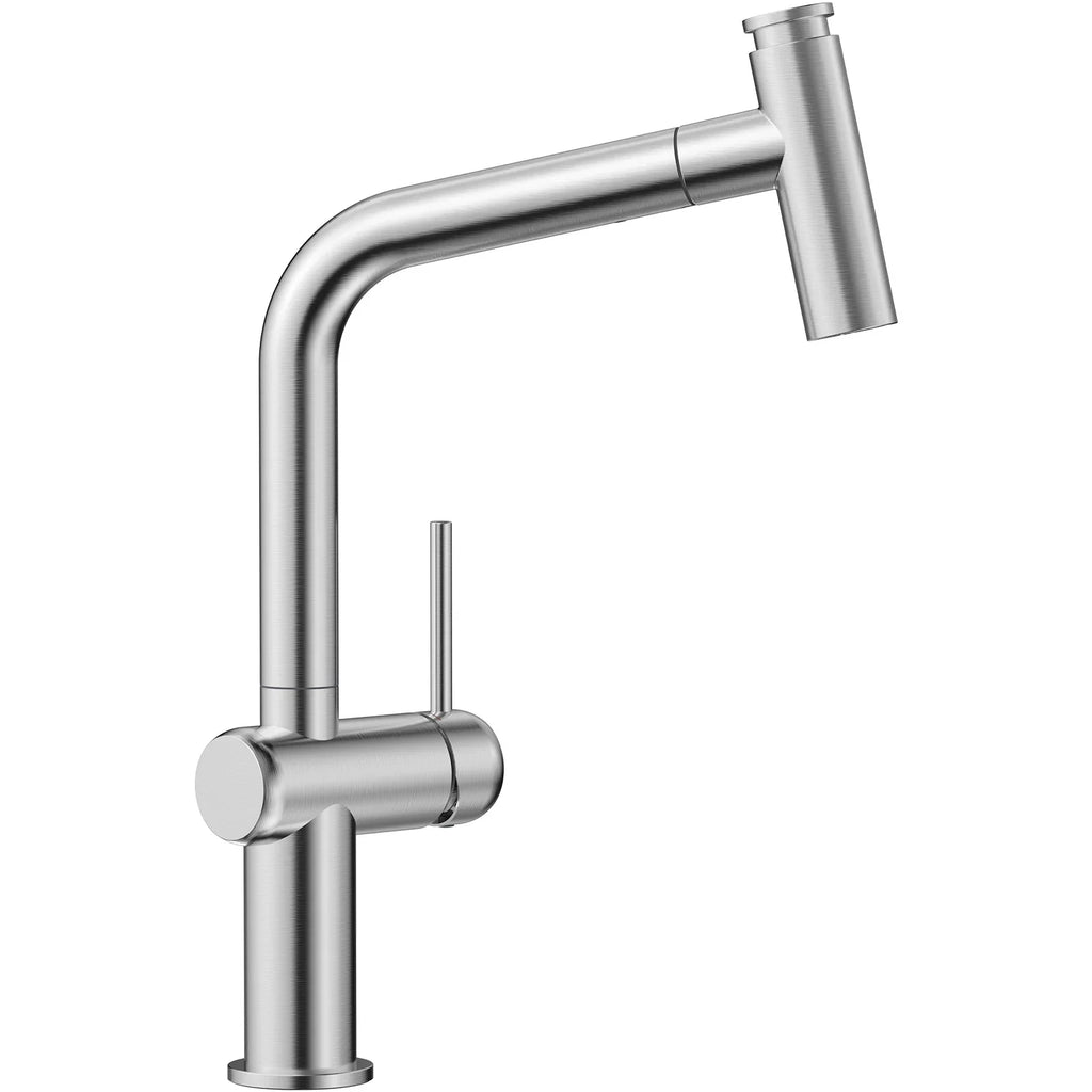 Robinet d'évier de cuisine en inox brossé à douchette extractible, vu de profil sur fond blanc