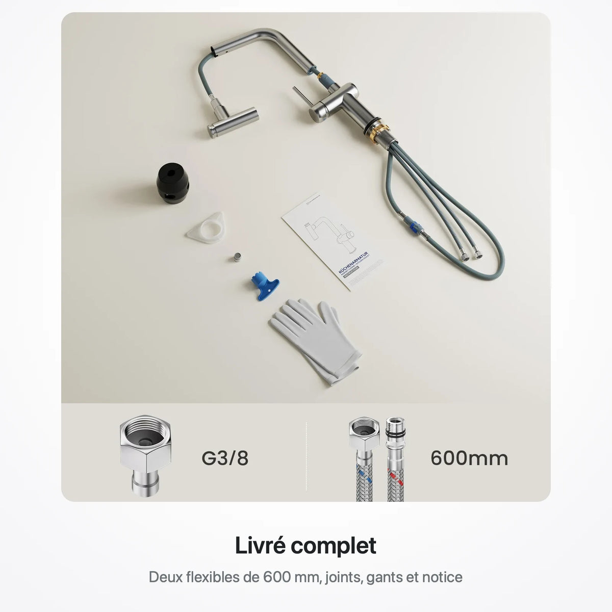 Contenu du colis : robinet, deux flexibles de 600 mm, joints, gants et notice