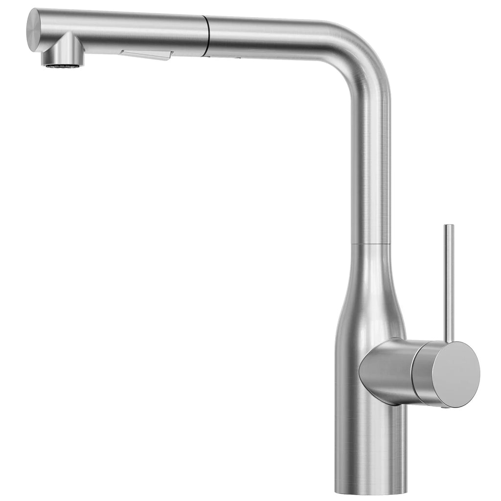 Robinet de cuisine en inox brossé à douchette extractible, vu de profil sur fond blanc