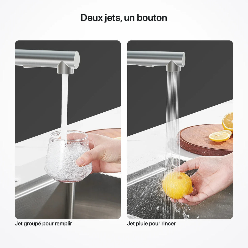 Les deux jets du robinet : jet groupé pour remplir et jet pluie pour rincer
