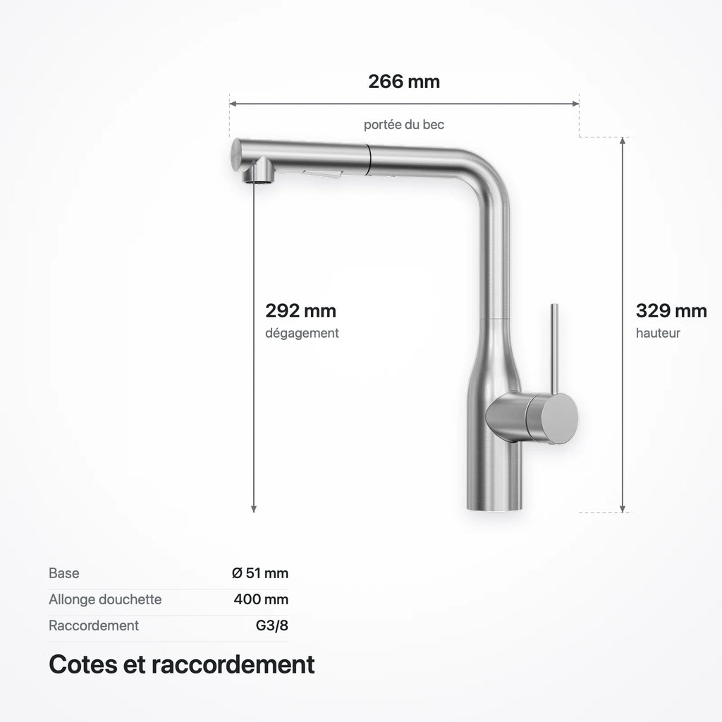 Schéma coté du robinet : hauteur 329 mm, portée 266 mm, dégagement 292 mm, base Ø 51 mm