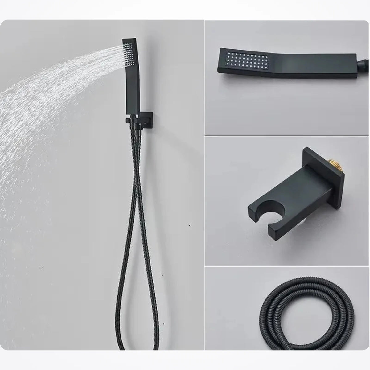 Détail de la douchette à main, du support mural et du flexible 150 cm