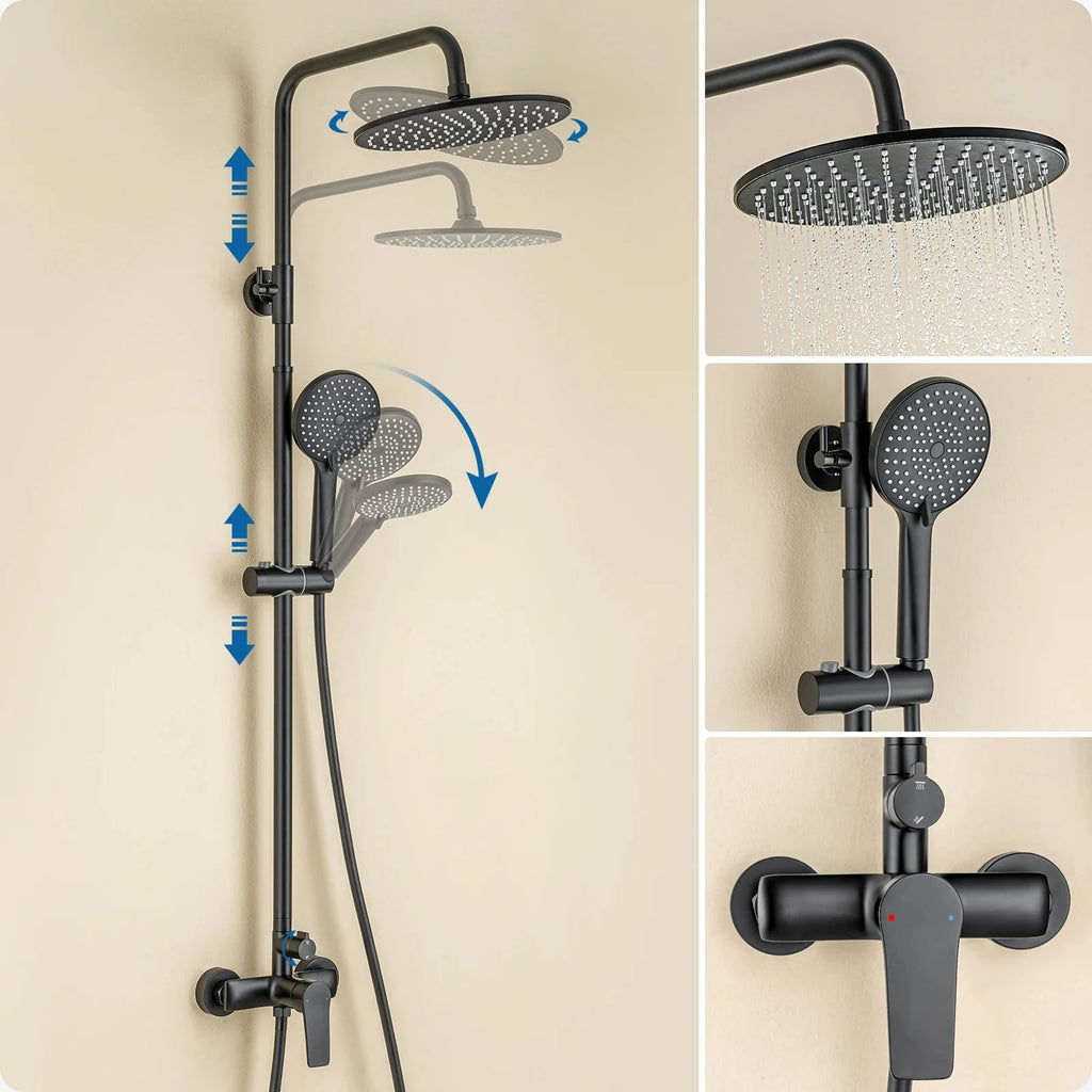 Schéma du réglage en hauteur de la tête de douche et de la douchette à main sur la colonne