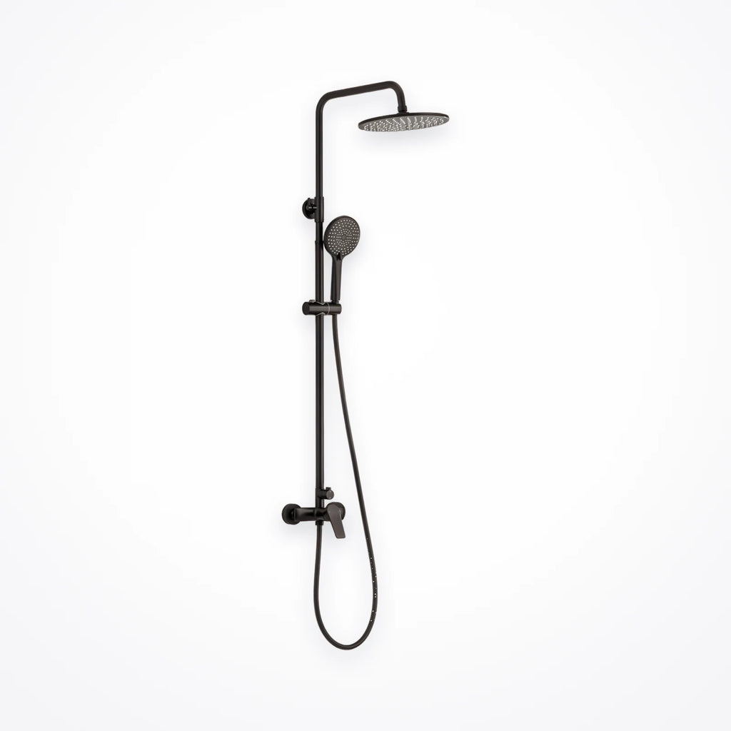 Colonne de douche noire avec tête ronde orientable et douchette à main sur coulisseau réglable