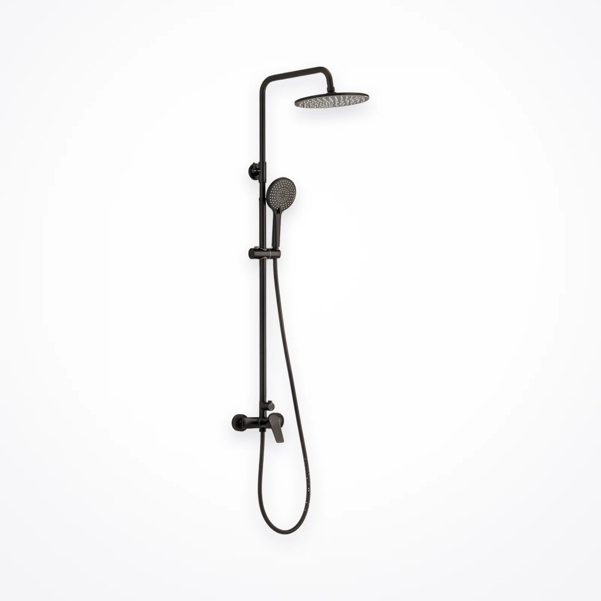 Colonne de douche noire avec tête ronde orientable et douchette à main sur coulisseau réglable