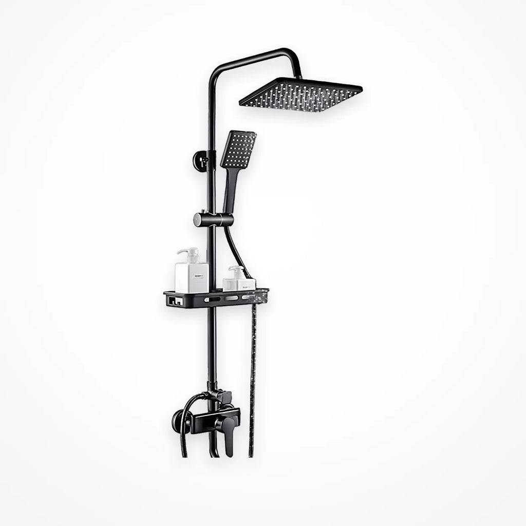 Colonne de douche en laiton noir mat avec tête de pluie carrée, douchette à main et tablette intégrée, sur fond clair