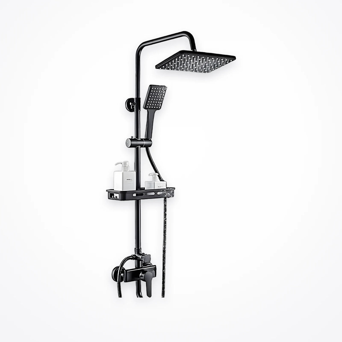 Colonne de douche en laiton noir mat avec tête de pluie carrée, douchette à main et tablette intégrée, sur fond clair