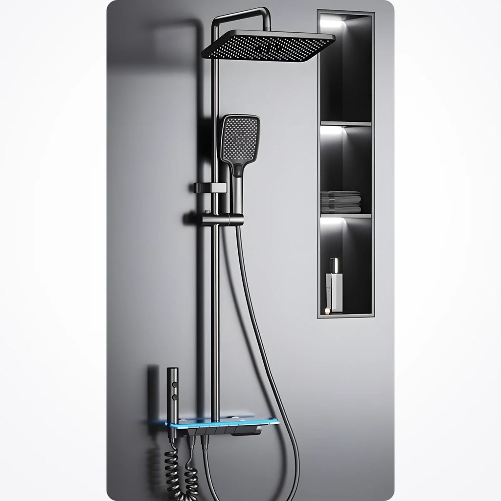 Colonne de douche LED installée au mur dans une salle de bain, panneau tactile au liseré lumineux allumé