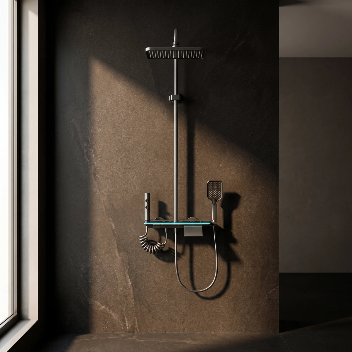 Colonne de douche LED grise à panneau tactile et flexible spiralé, sur un mur en pierre sombre
