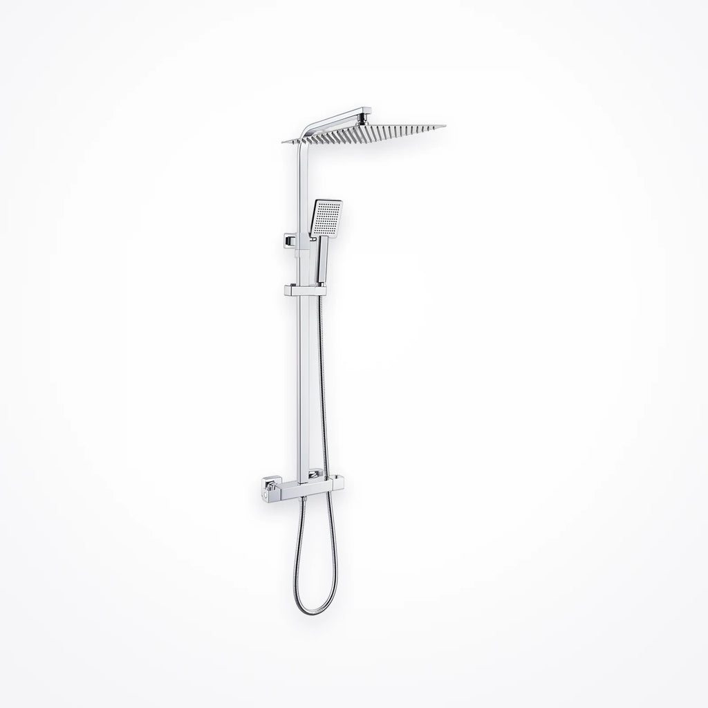 Colonne de douche thermostatique chromée avec tête de pluie carrée, douchette à main et mitigeur